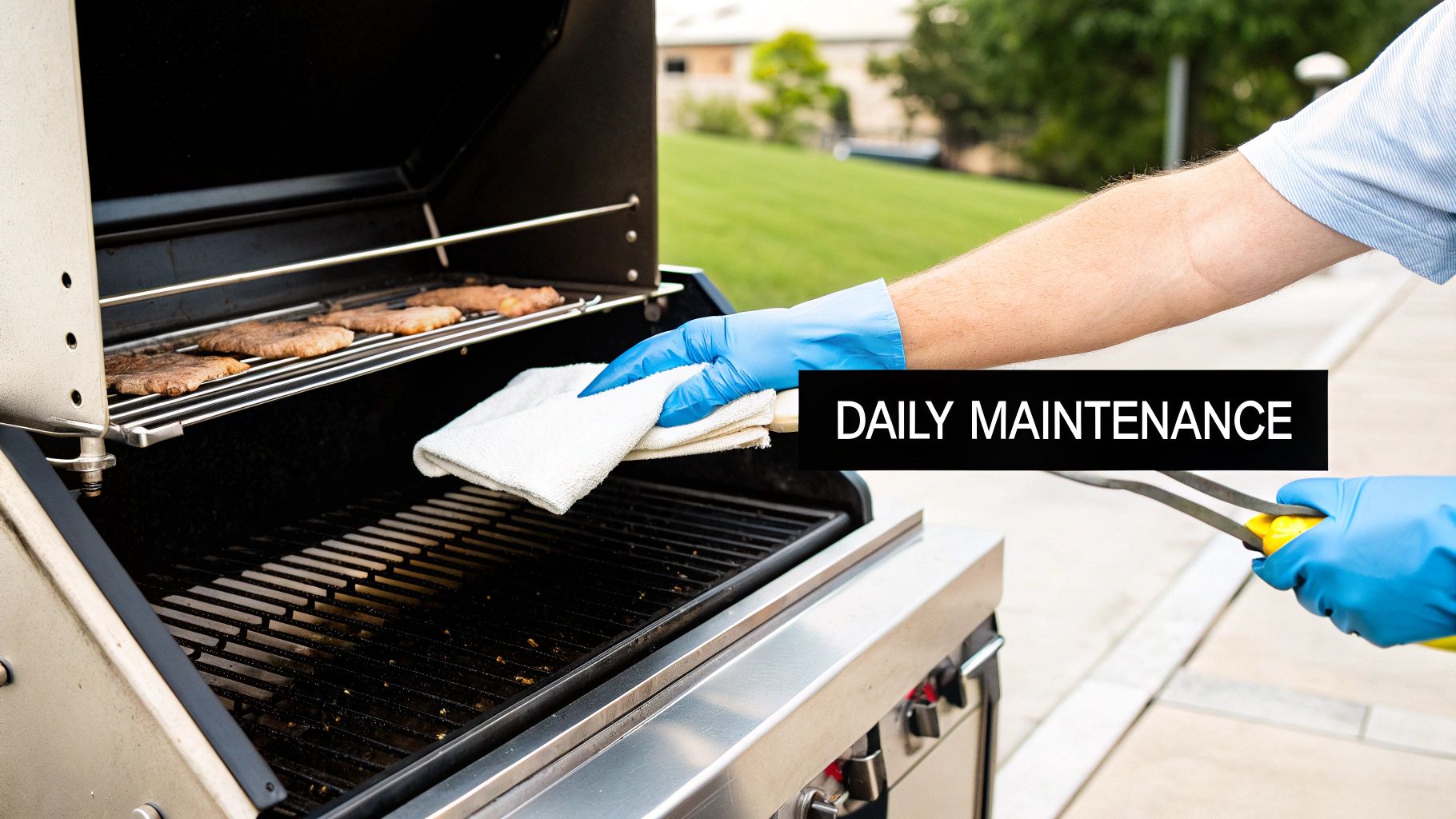 A person in blue gloves wipes a barbecue grill, while burgers cook on the top rack.