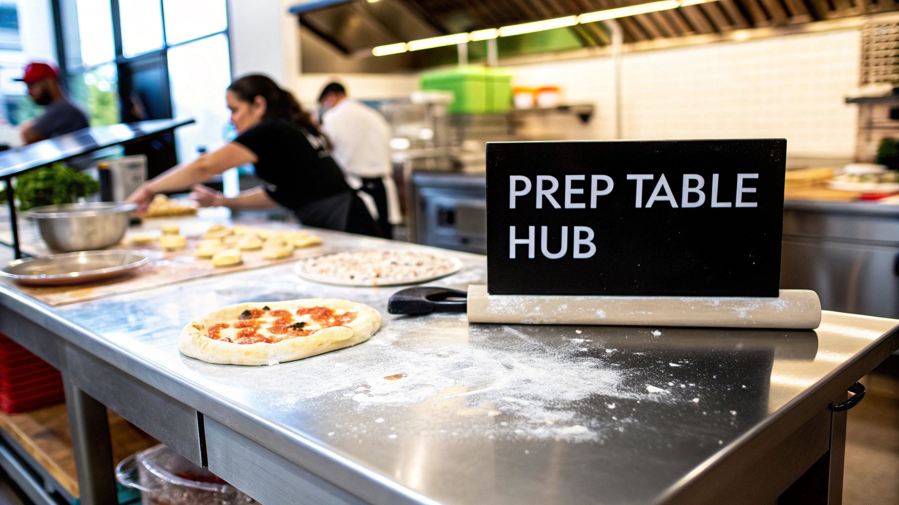 A stainless steel prep table in a bustling kitchen with pizza dough, flour, and a 'PREP TABLE HUB' sign.