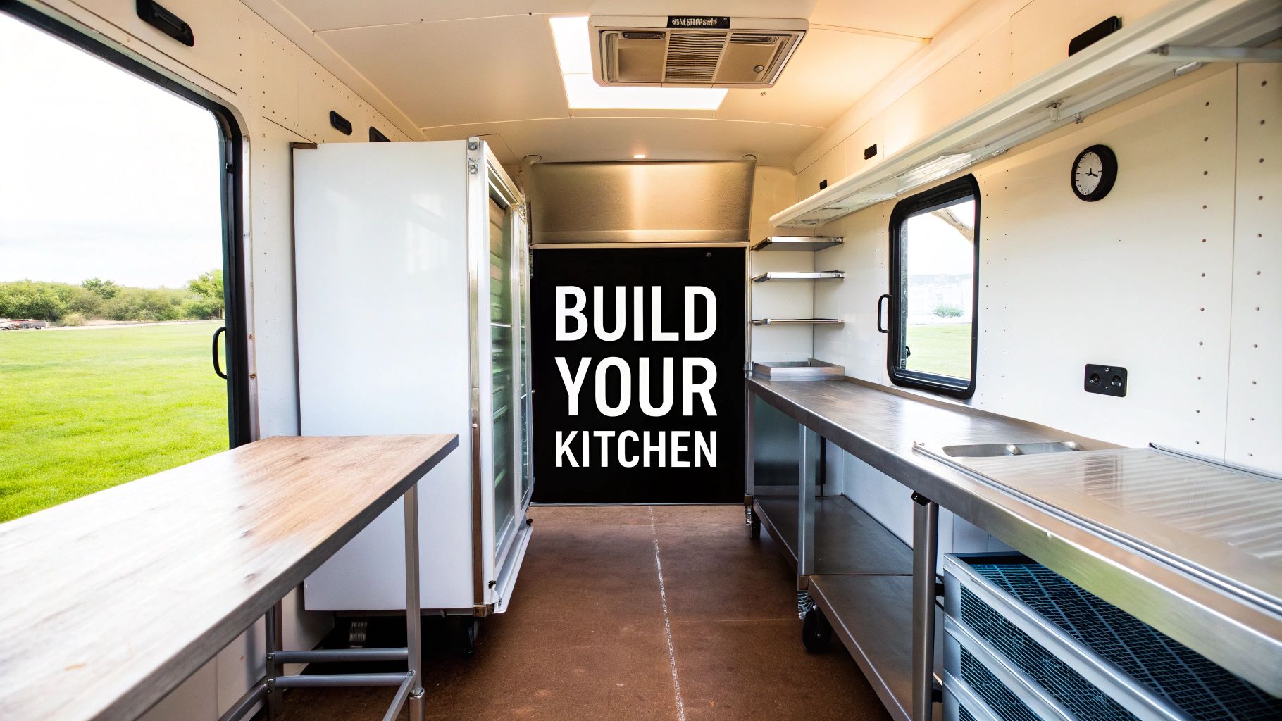 Spacious mobile food truck kitchen interior with stainless steel counters, a refrigerator, shelving, and a 'BUILD YOUR KITCHEN' sign.