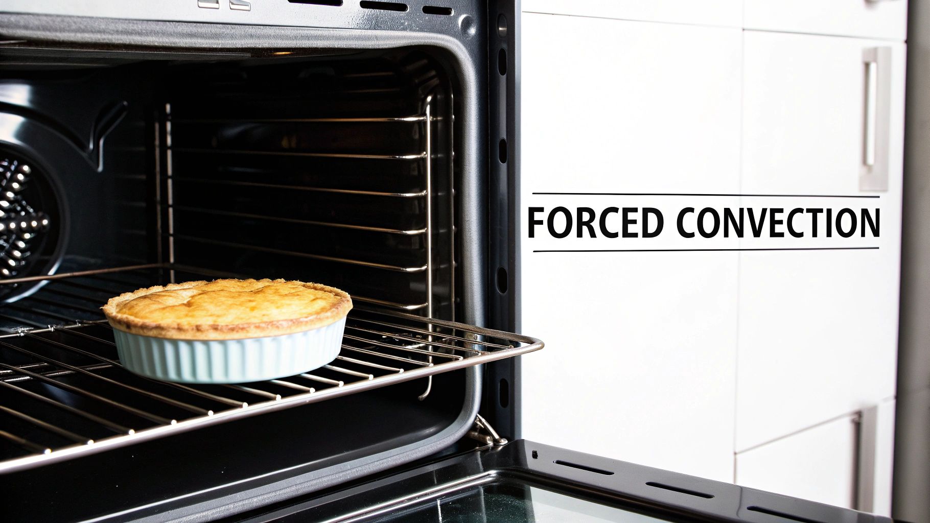 A golden-brown pie bakes inside an open forced convection oven, showing the interior and fan.