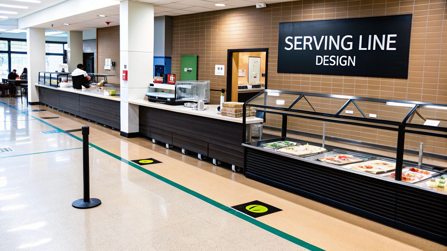A bright cafeteria serving line with various food dishes, a person working, and social distancing markers.