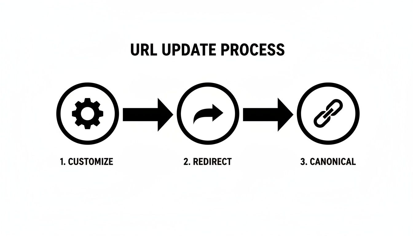 Flowchart illustrating the URL update process through customization, redirection, and canonicalization.