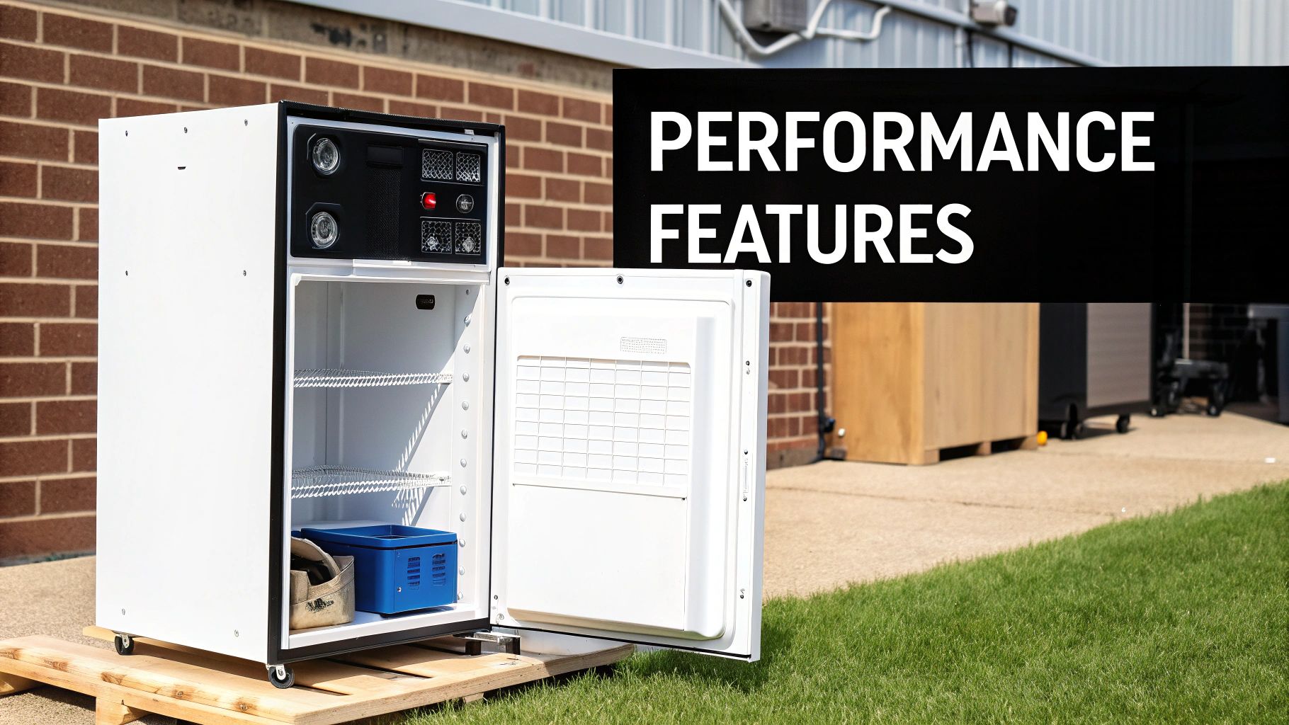 A white commercial freezer with its door open, displaying internal shelves and a control panel, outdoors.