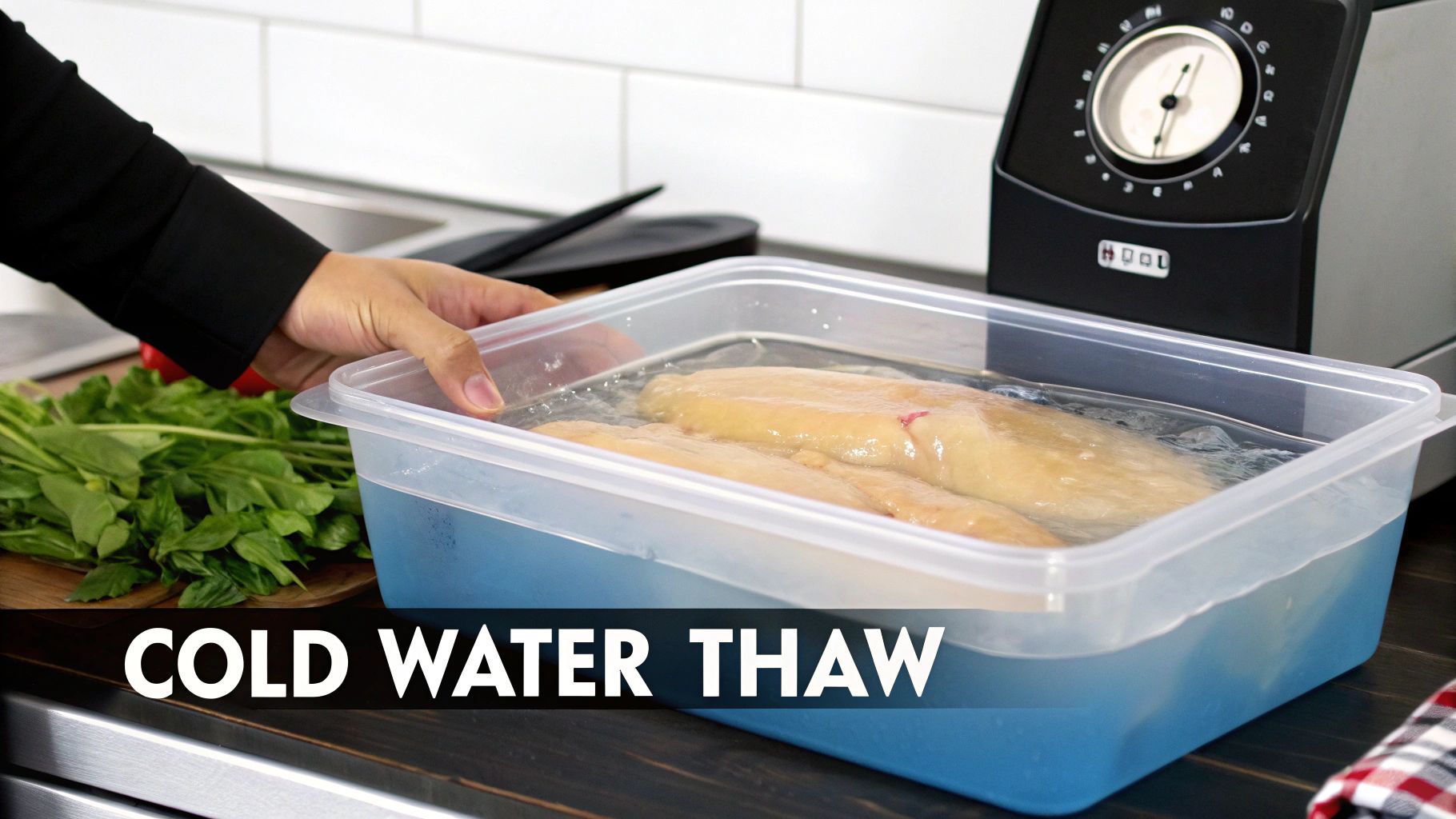 A person's hand reaches for raw meat thawing in a cold water bath on a kitchen counter.