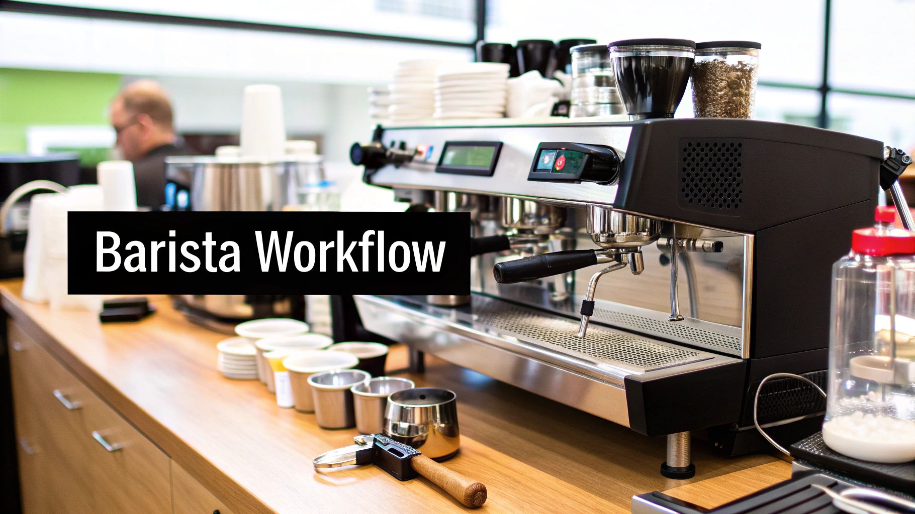 A clean and well-organized barista workspace in a coffee shop