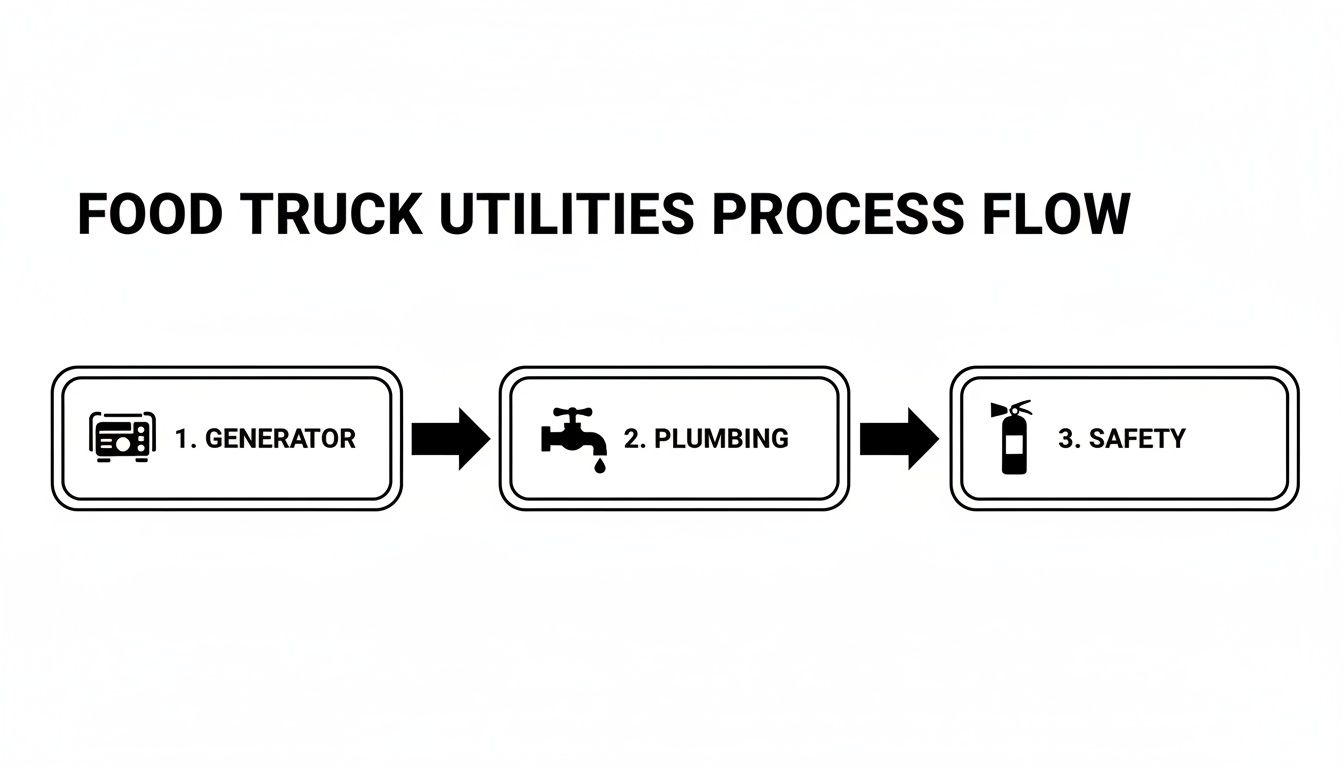 A process flow diagram detailing food truck utilities: generator, plumbing, and safety.