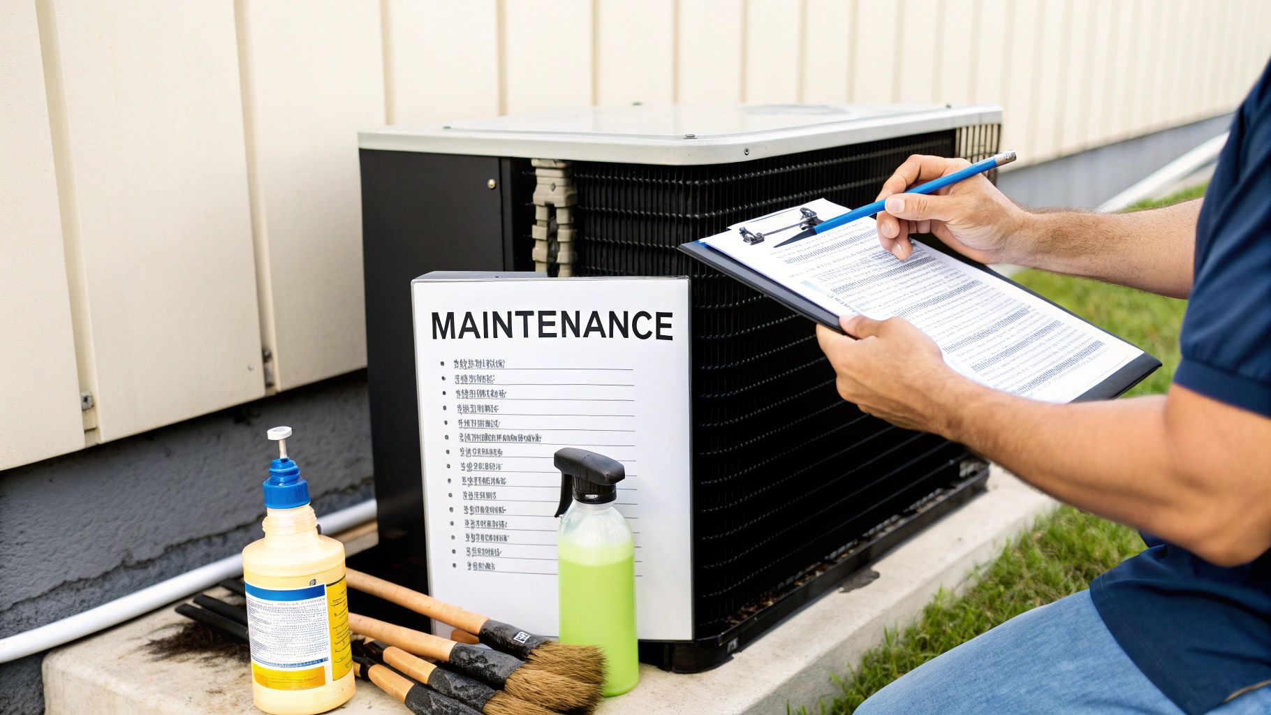 A technician performs outdoor HVAC unit maintenance, checking off items on a clipboard with cleaning tools nearby.