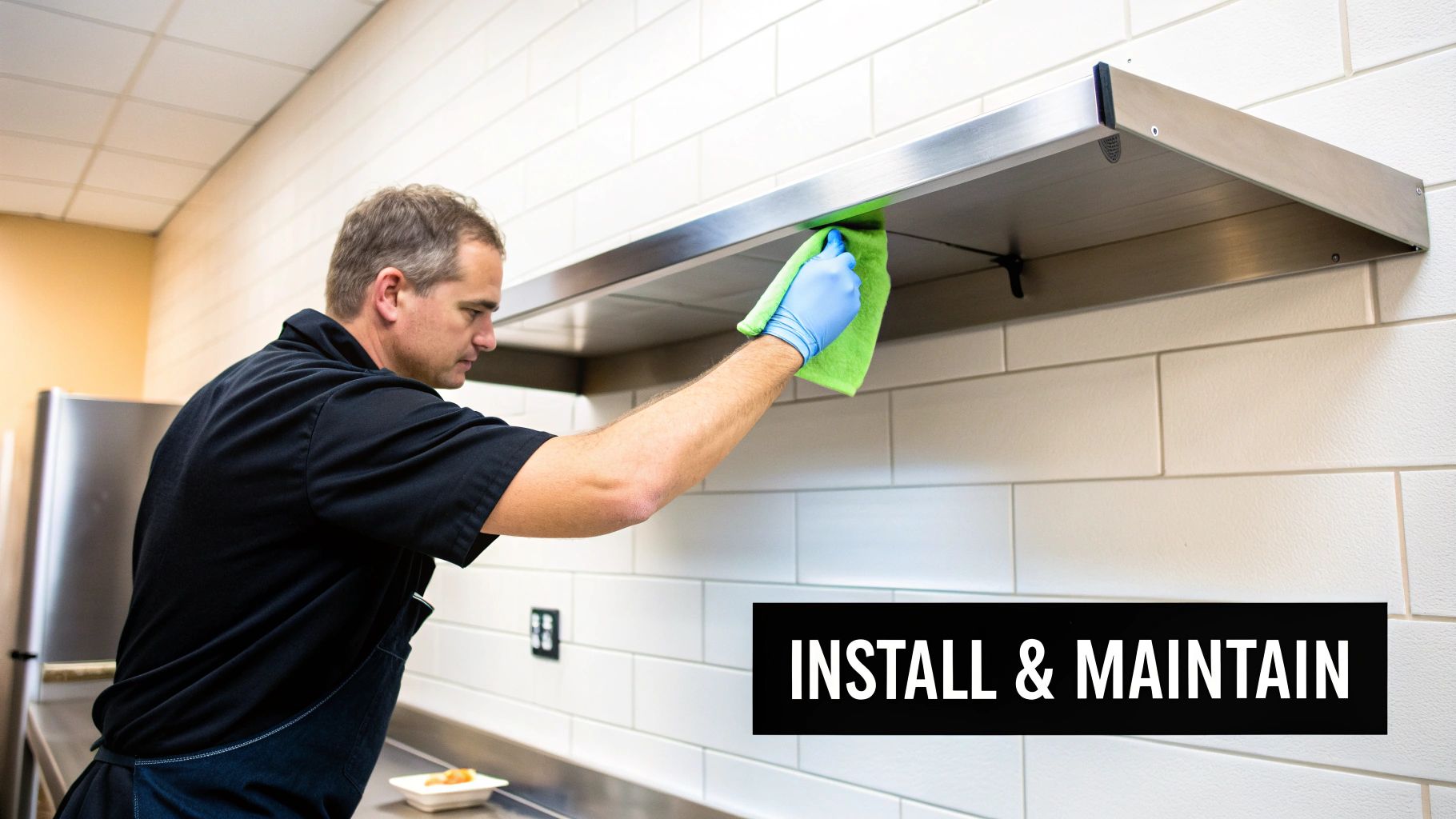 A person wearing blue gloves is cleaning a stainless steel shelf with a green cloth in a kitchen.