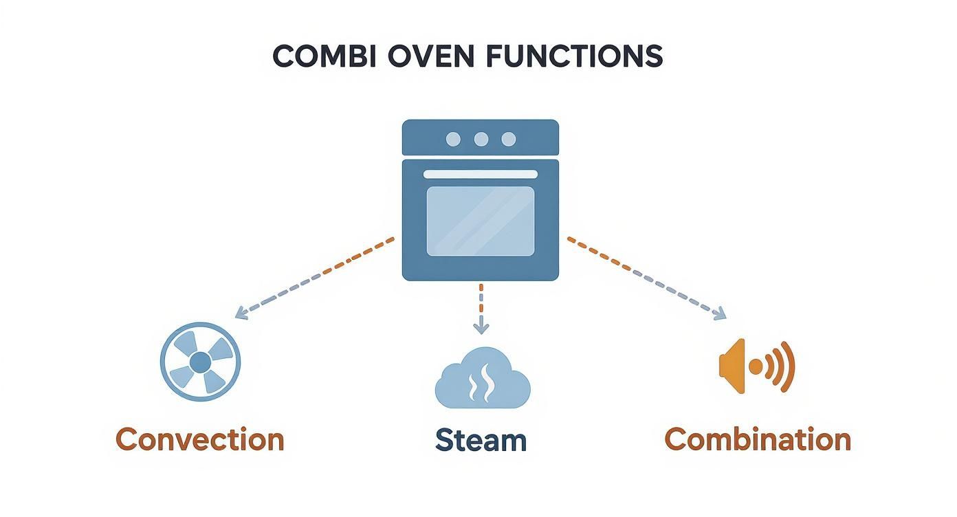 Diagram showing the three main combi oven functions: convection, steam, and combination modes.