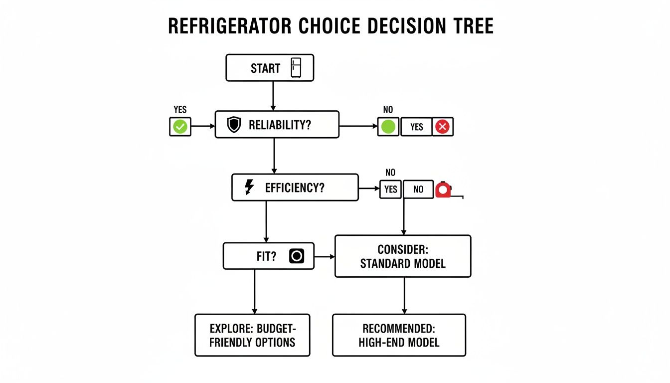 A decision tree flowchart for choosing a refrigerator based on reliability, efficiency, and fit, recommending different models.
