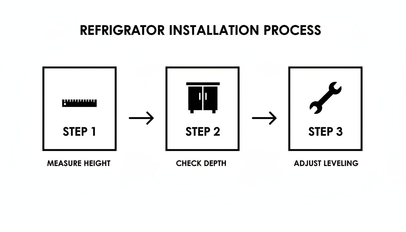 A diagram illustrating the 3-step refrigerator installation process: measure height, check depth, and adjust leveling.