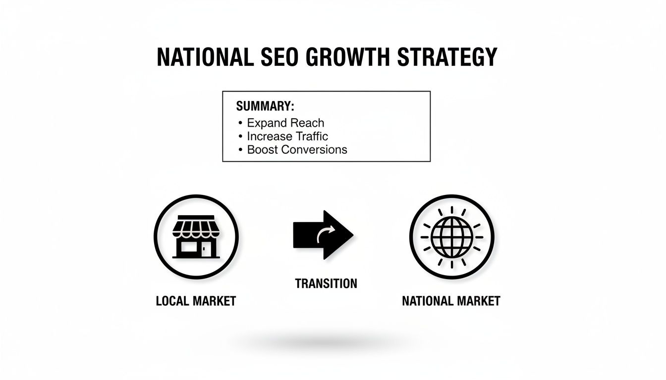 Infographic outlining a national SEO growth strategy to expand reach, increase traffic, and boost conversions, transitioning from local to national market.