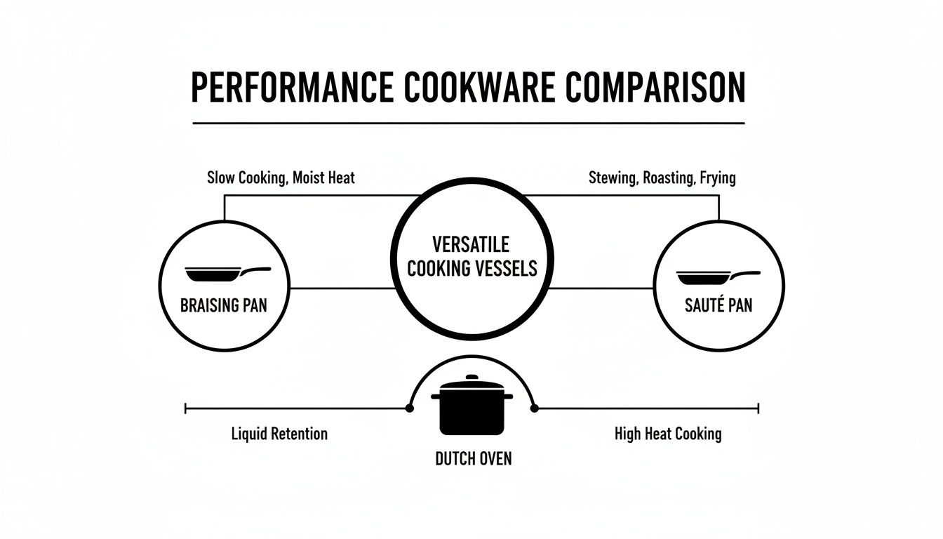 Diagram comparing braising pan, sauté pan, and Dutch oven as versatile cooking vessels.