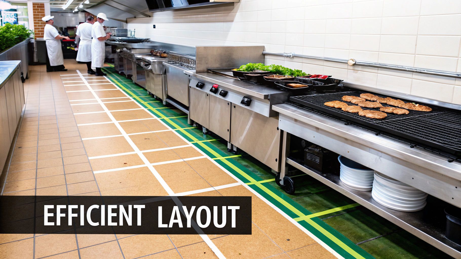 Professional commercial kitchen with chefs, stainless steel cooking equipment, grilled food, and 'Efficient Layout' text.