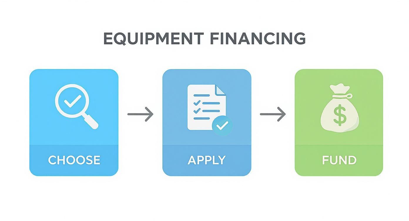 Infographic about financing restaurant equipment, showing a three-step process: Choose, Apply, and Fund, with icons for each.