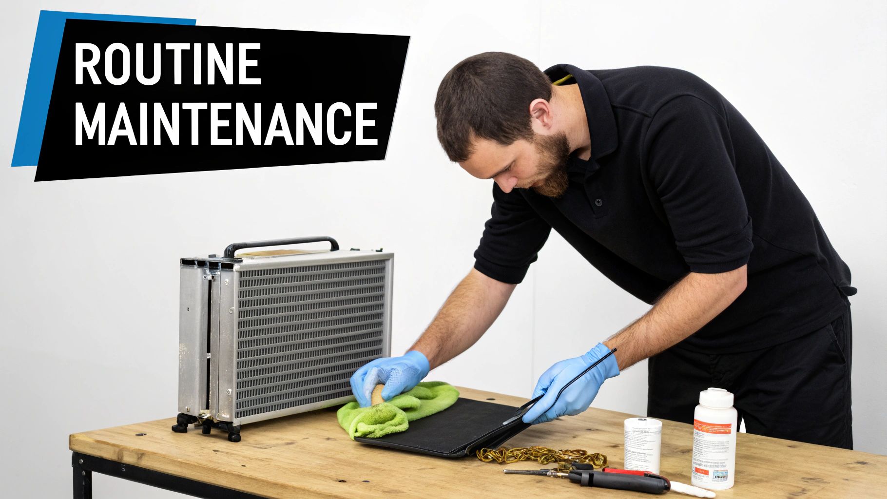 A person cleaning the stainless steel surface of a commercial kitchen prep table.
