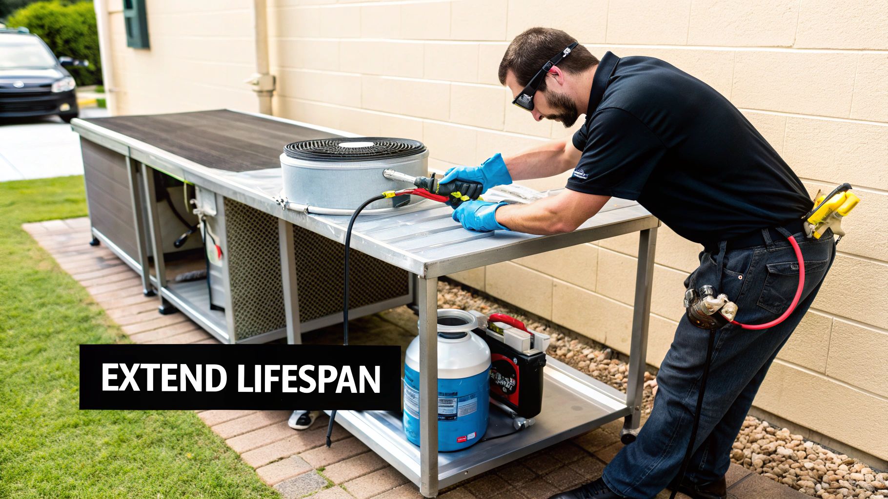 A close-up shot of a gloved hand wiping down the stainless steel surface of a sandwich refrigerated prep table.