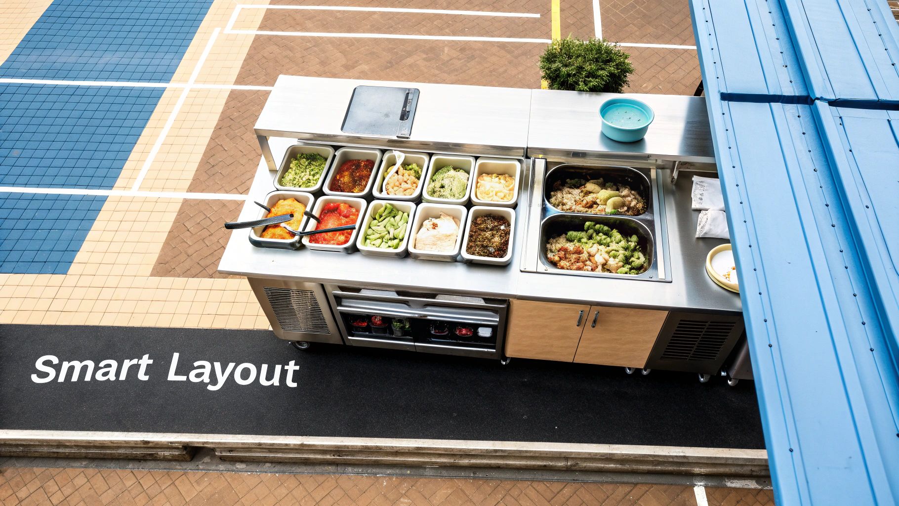 An overhead view of a modern outdoor self-service hot food counter with many prepared dishes.