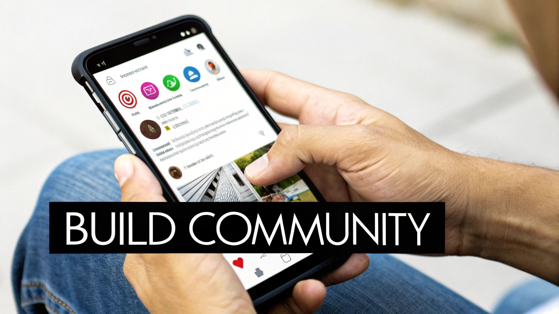 A person scrolls a smartphone displaying a social media feed with various app icons, emphasizing community.