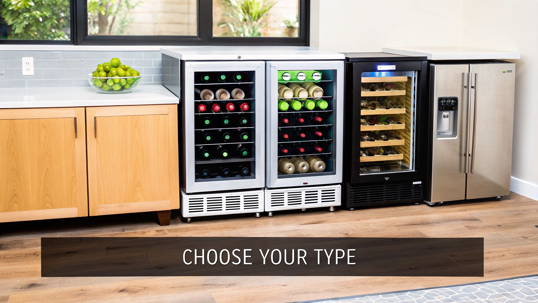 A sleek, stainless steel under counter refrigerator with a glass door, filled with neatly arranged beverages.