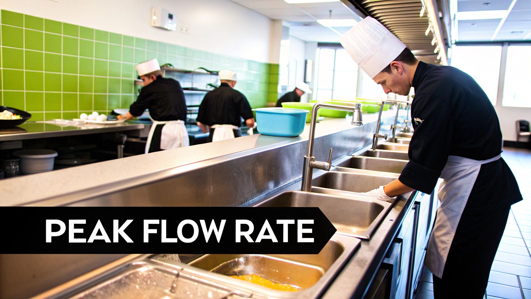 A chef in a commercial kitchen washing dishes at a multi-basin sink, other chefs work in the background.