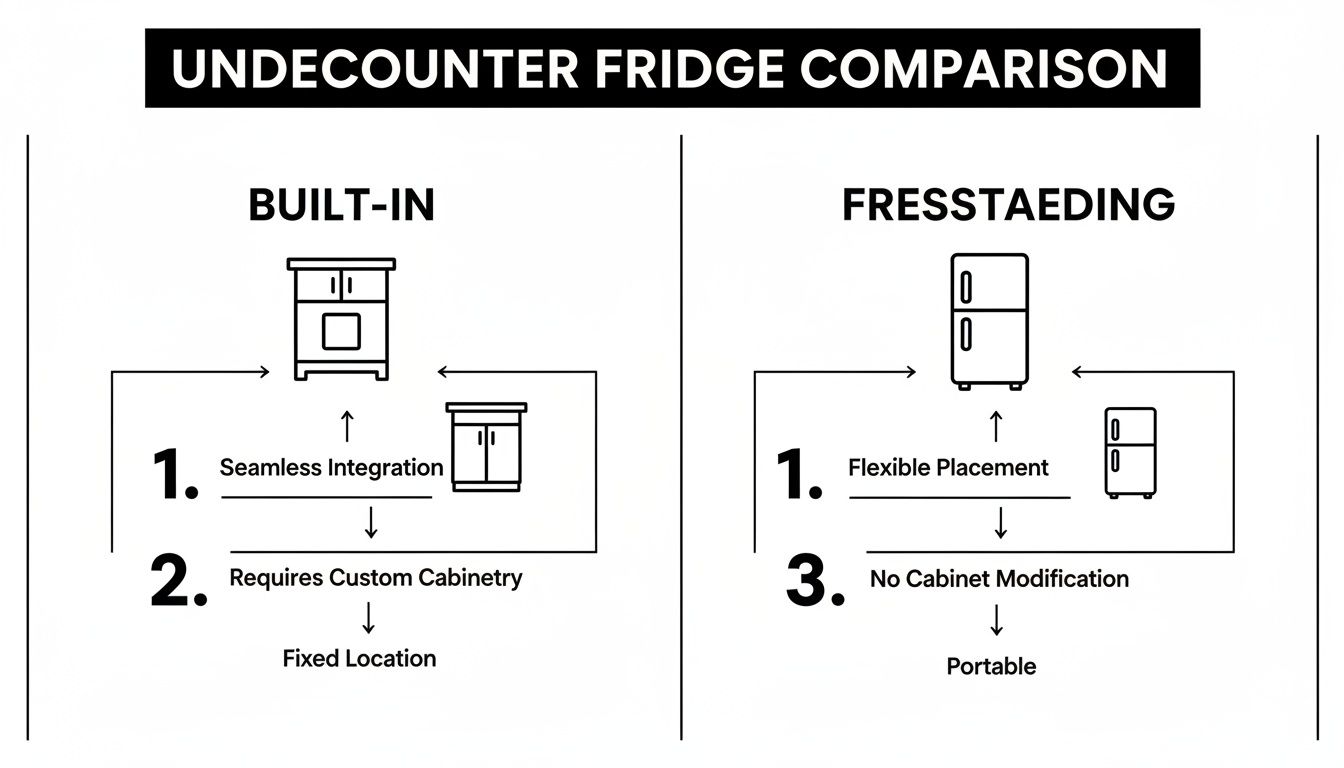 A comparison chart illustrating built-in versus freestanding undercounter fridge features like integration and placement.