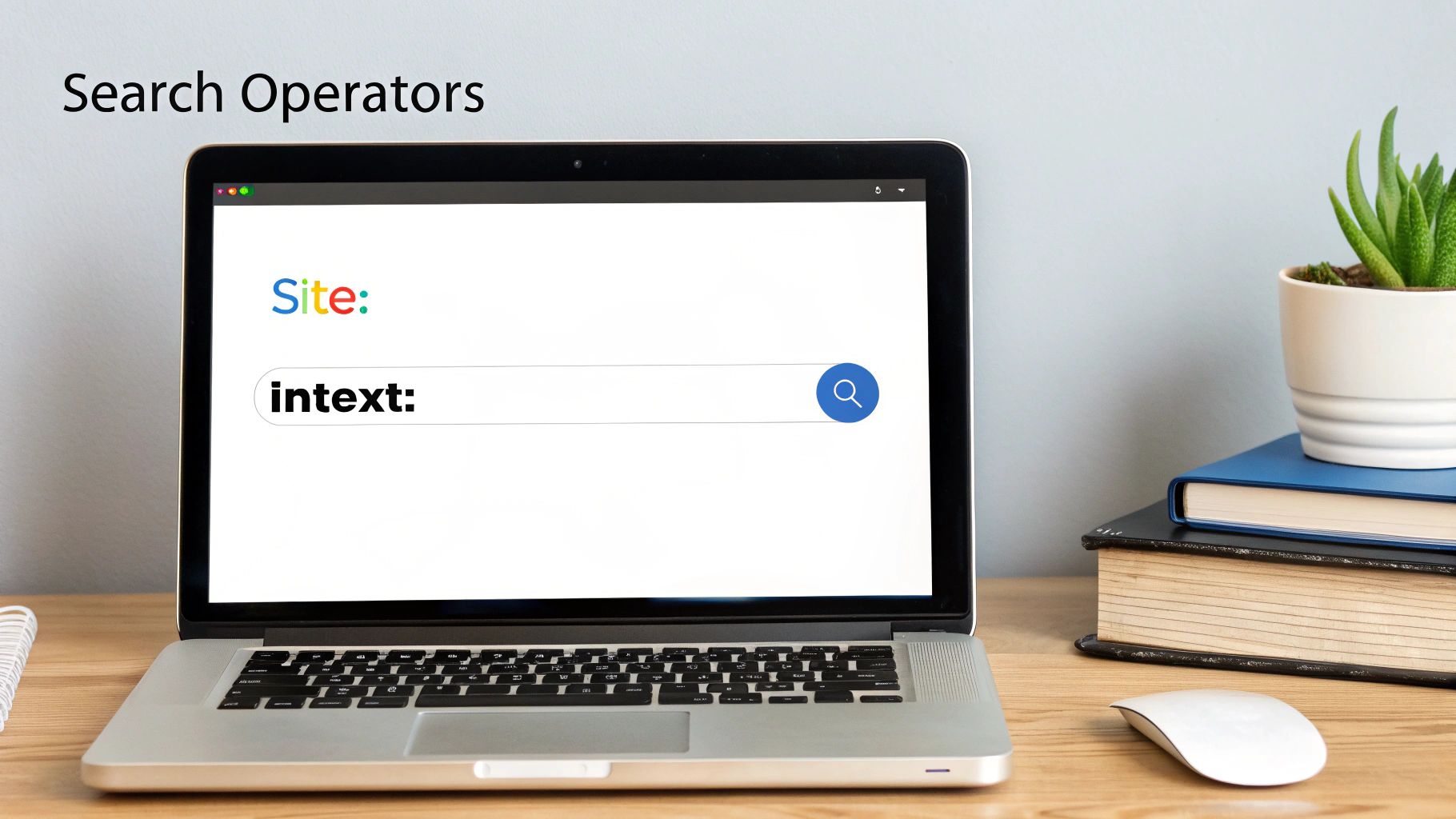 A person using a laptop with Google search on the screen, surrounded by network-like lines symbolizing backlink connections.