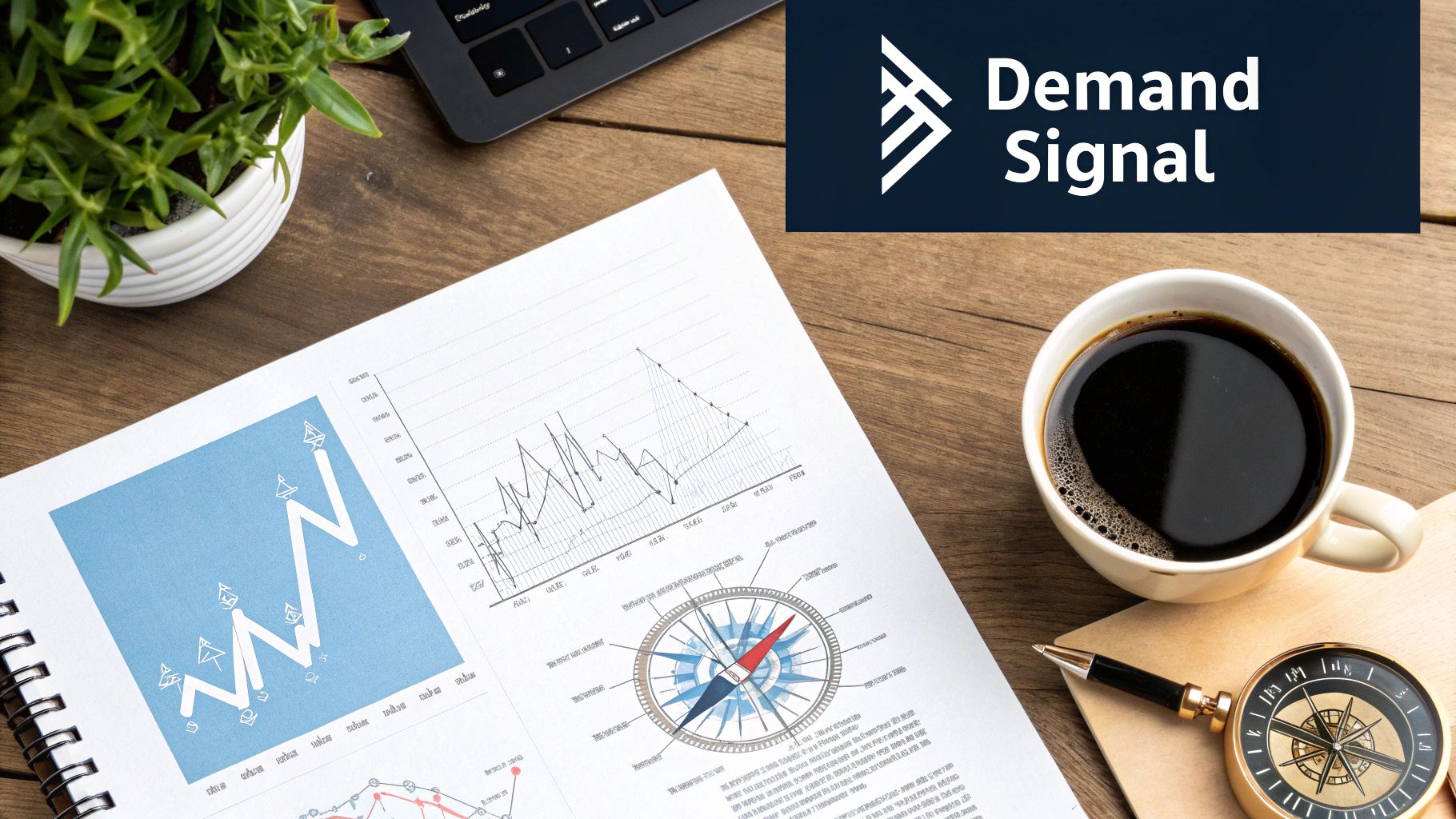 Demand signal analytics report with graphs and compass on desk with coffee