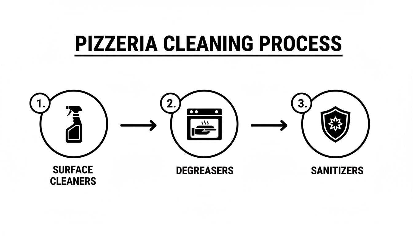 Infographic illustrating a pizzeria cleaning process, detailing steps from surface cleaners to degreasers and sanitizers.