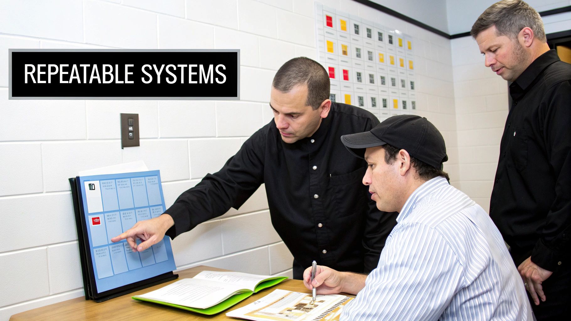 Three men discuss repeatable systems and plans, pointing at a blue board in a business setting.