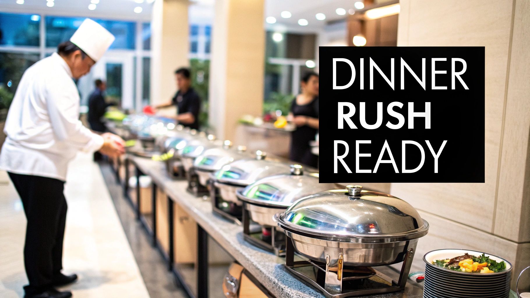 Chef preparing buffet station with chafing dishes and dinner rush ready sign displayed prominently