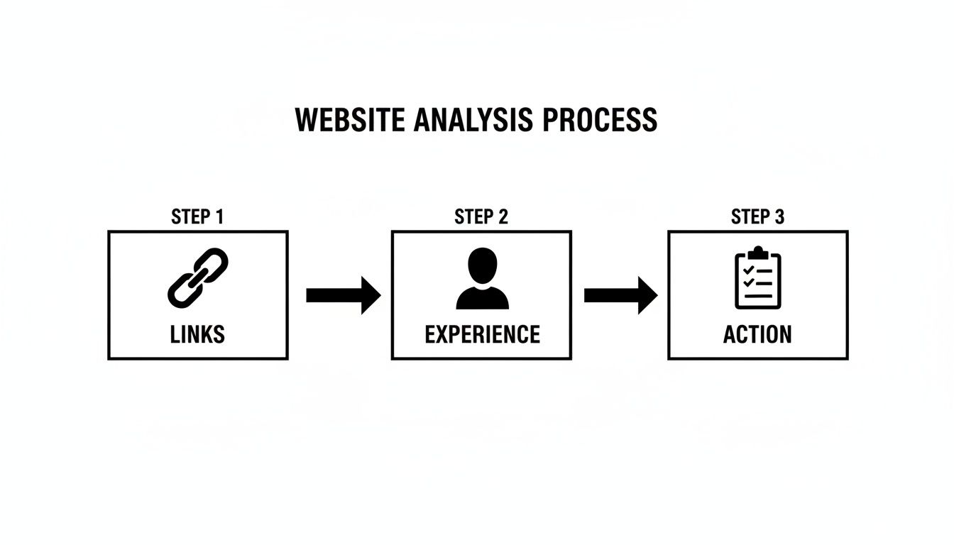 A flowchart outlining the website analysis process, including steps for links, user experience, and actions.