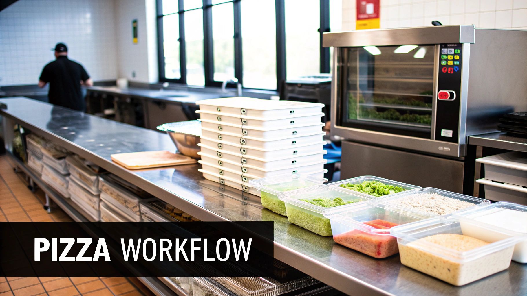 A commercial kitchen scene showing pizza ingredients, stacked dough boxes, and a large oven for preparation.