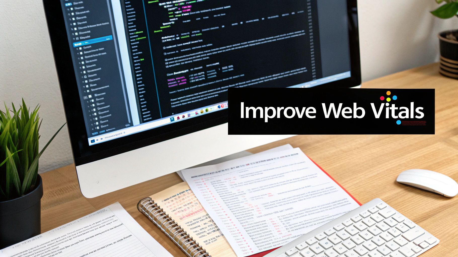 A desk with a computer screen showing code and an overlay 'Improve Web Vitals', alongside papers and keyboard.