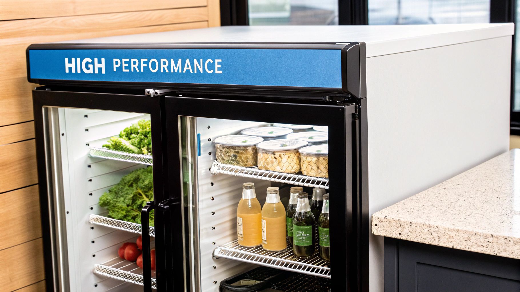 A high-performance under-counter refrigerator displaying fresh greens, tomatoes, pre-made meals, and bottled drinks.