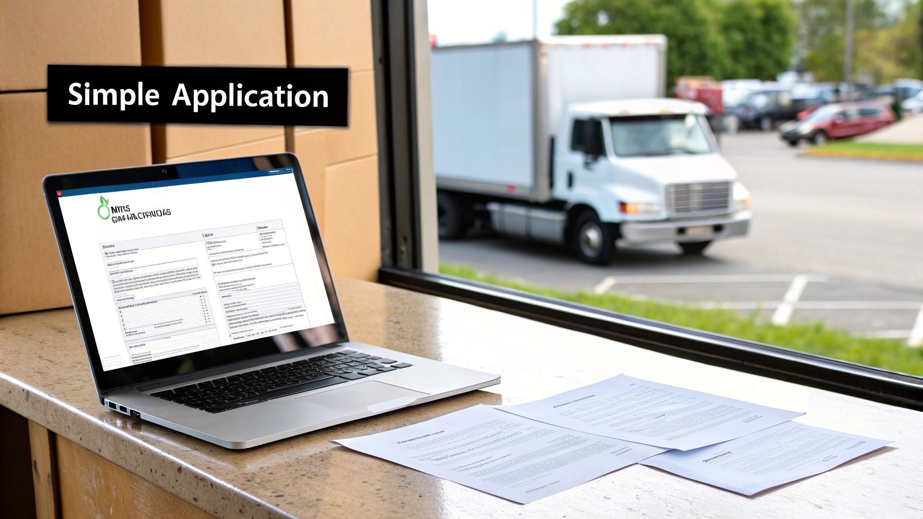 A laptop displaying an online application form sits on a counter, with a delivery truck outside.