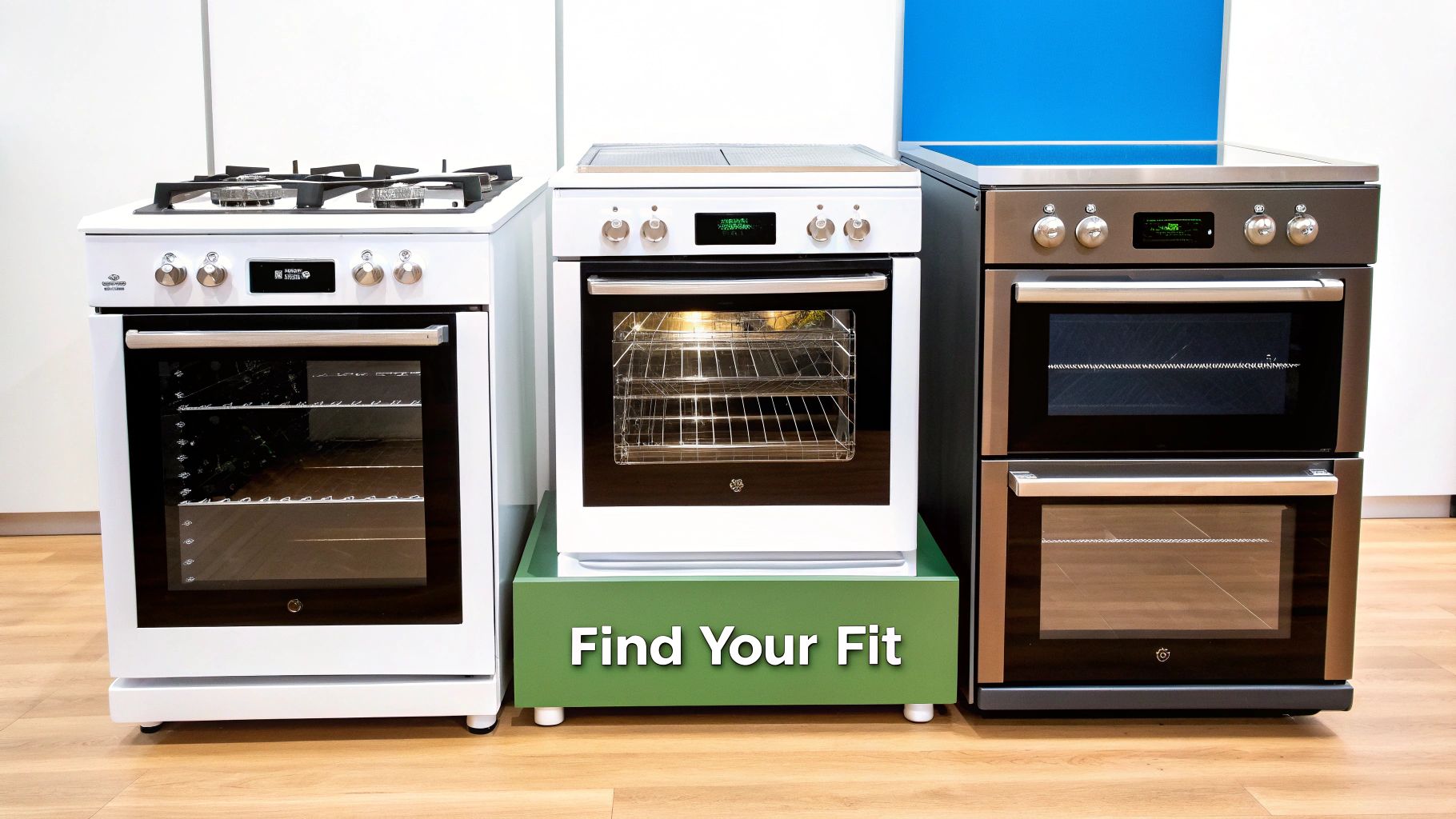 Three modern freestanding kitchen ranges, including gas, electric, and double oven models, displayed in a showroom.