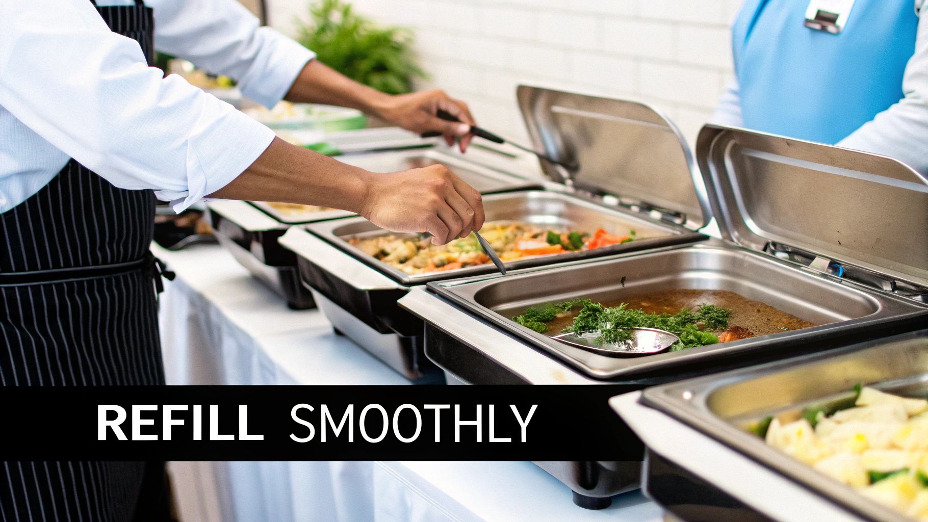 Hands serving hot food from multiple stainless steel chafing dishes at a buffet setup.