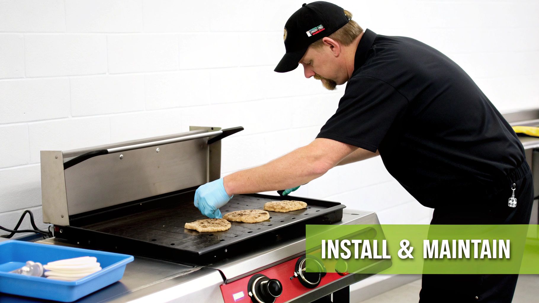 A man wearing blue gloves cooks patties on a commercial griddle, emphasizing installation and maintenance.