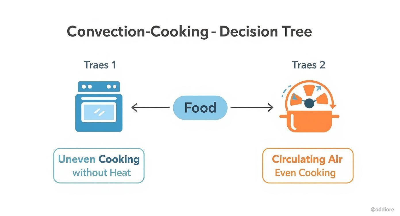 Decision tree infographic comparing conventional oven cooking with uneven results to convection cooking for even results.