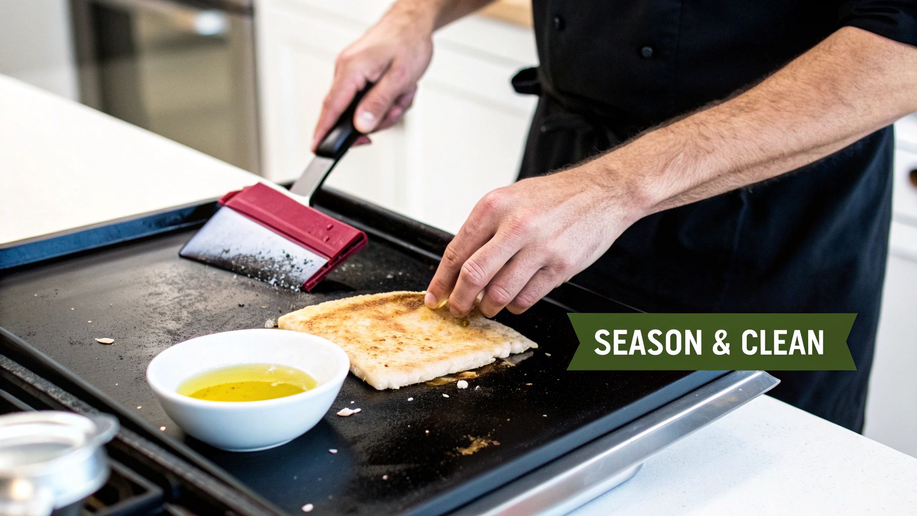 A chef cleaning a commercial gas griddle with a scraper, next to cooked food and a bowl of oil.