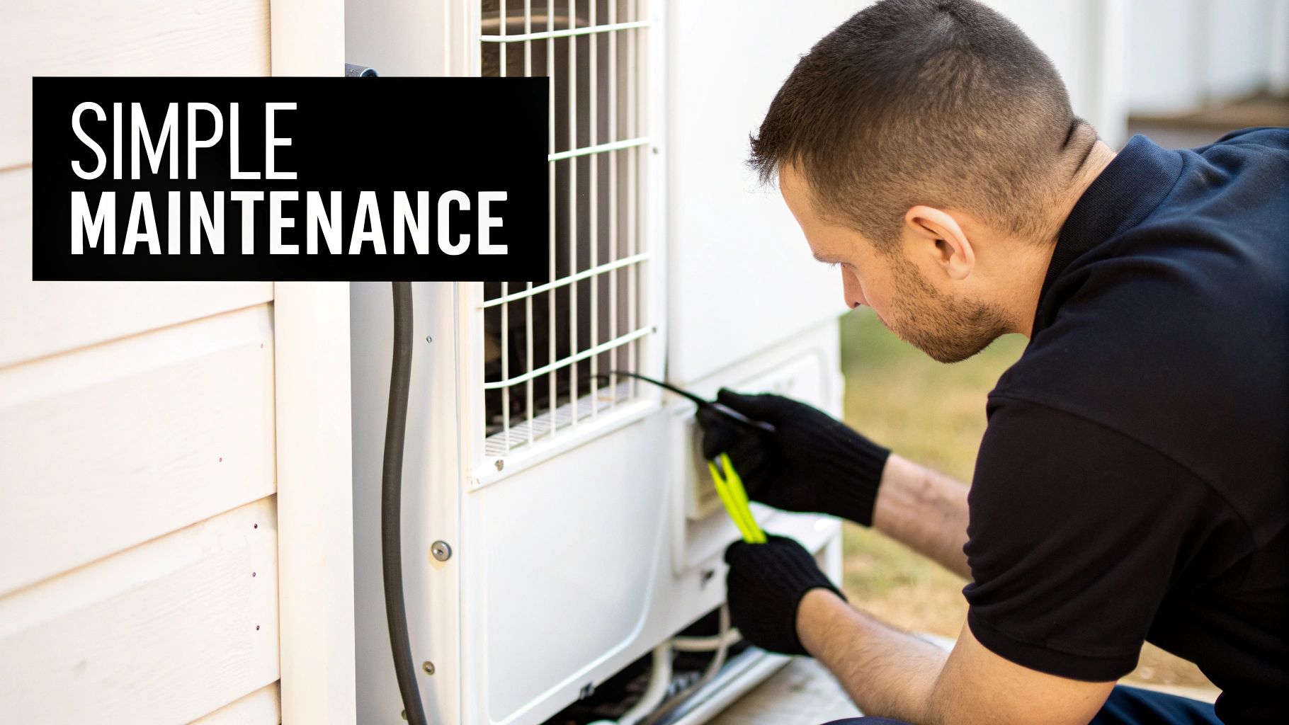 A man wearing gloves performing simple maintenance on an outdoor air conditioning unit.
