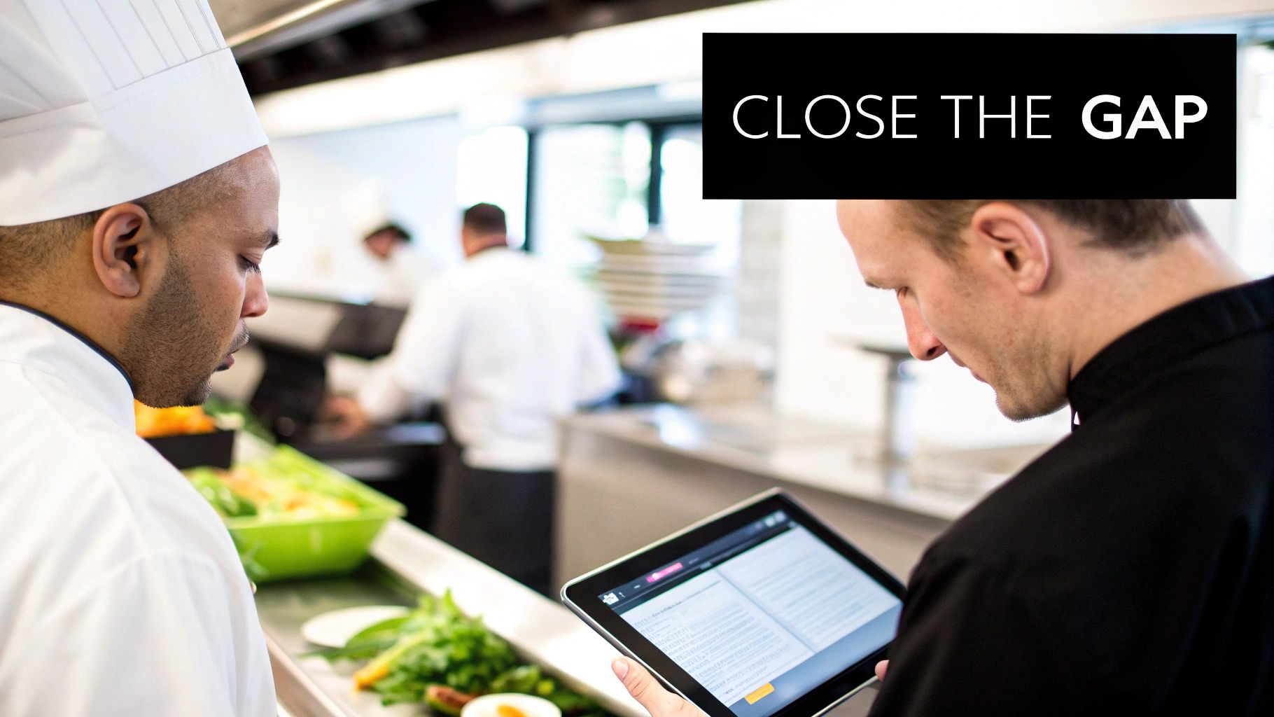 Two chefs in a professional kitchen, one preparing food and the other reviewing content on a tablet, with 'CLOSE THE GAP' text.