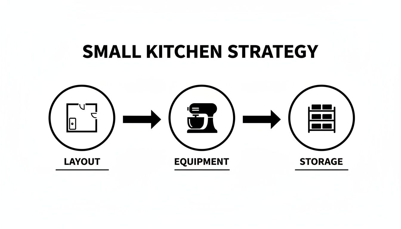 Flowchart illustrating a small kitchen strategy with steps for layout, equipment, and storage optimization.
