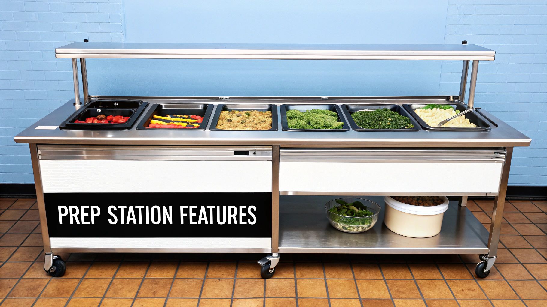 A mobile stainless steel food prep station with multiple hot and cold food items in serving trays.