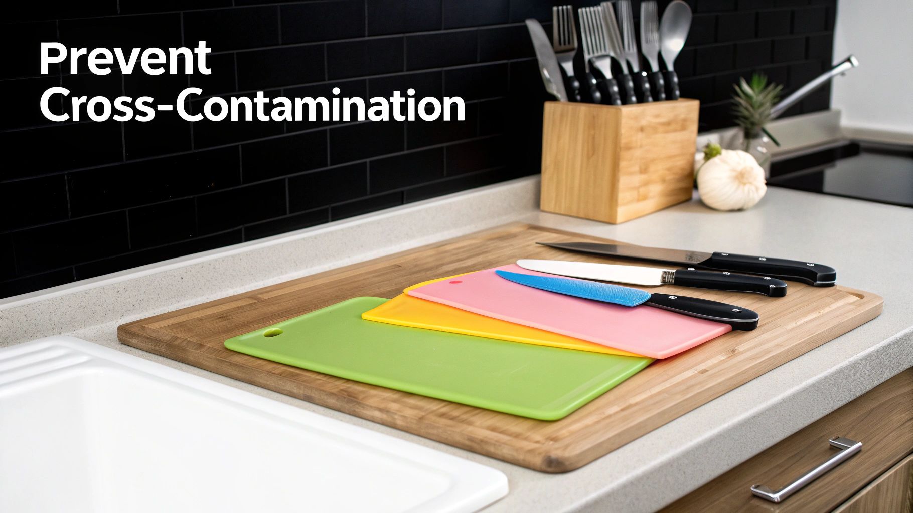 An infographic illustrating the principles of cross-contamination prevention in a kitchen, showing separate cutting boards for different food types and proper handwashing techniques.