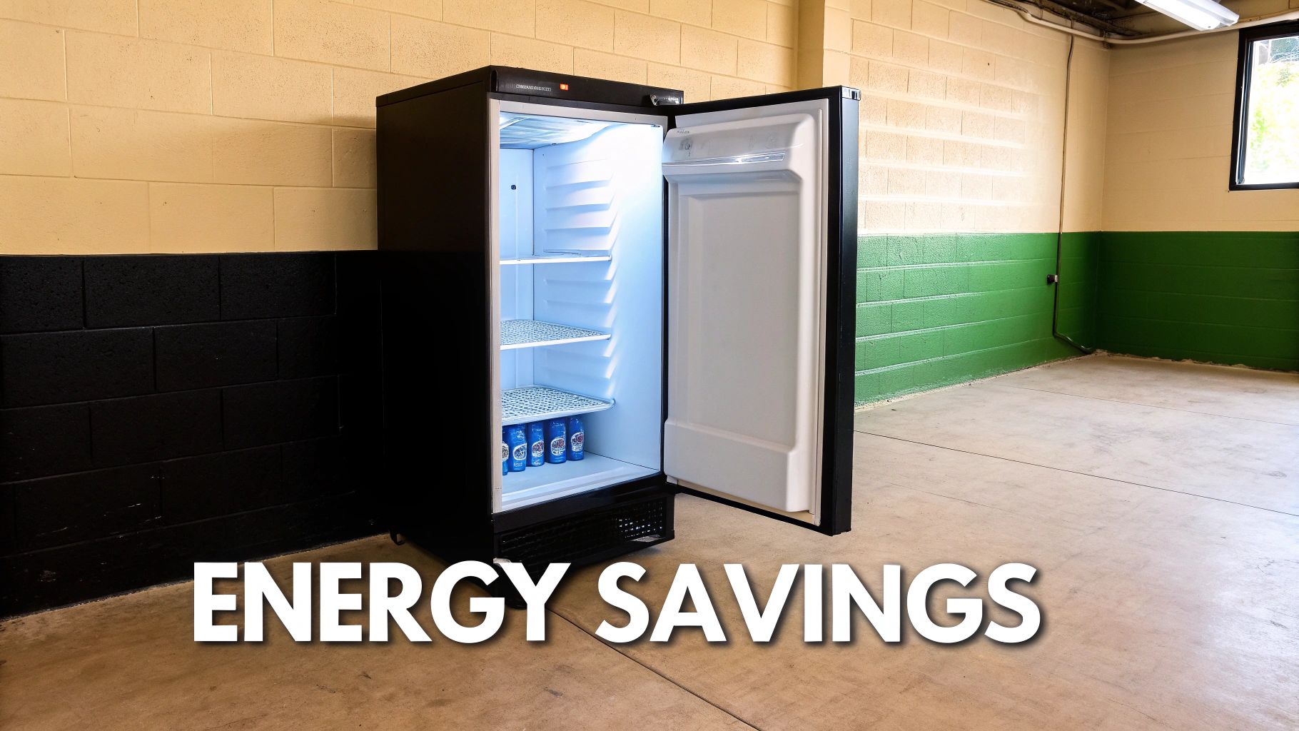 A black commercial fridge with its door open, showing blue cans inside, in a room promoting energy savings.