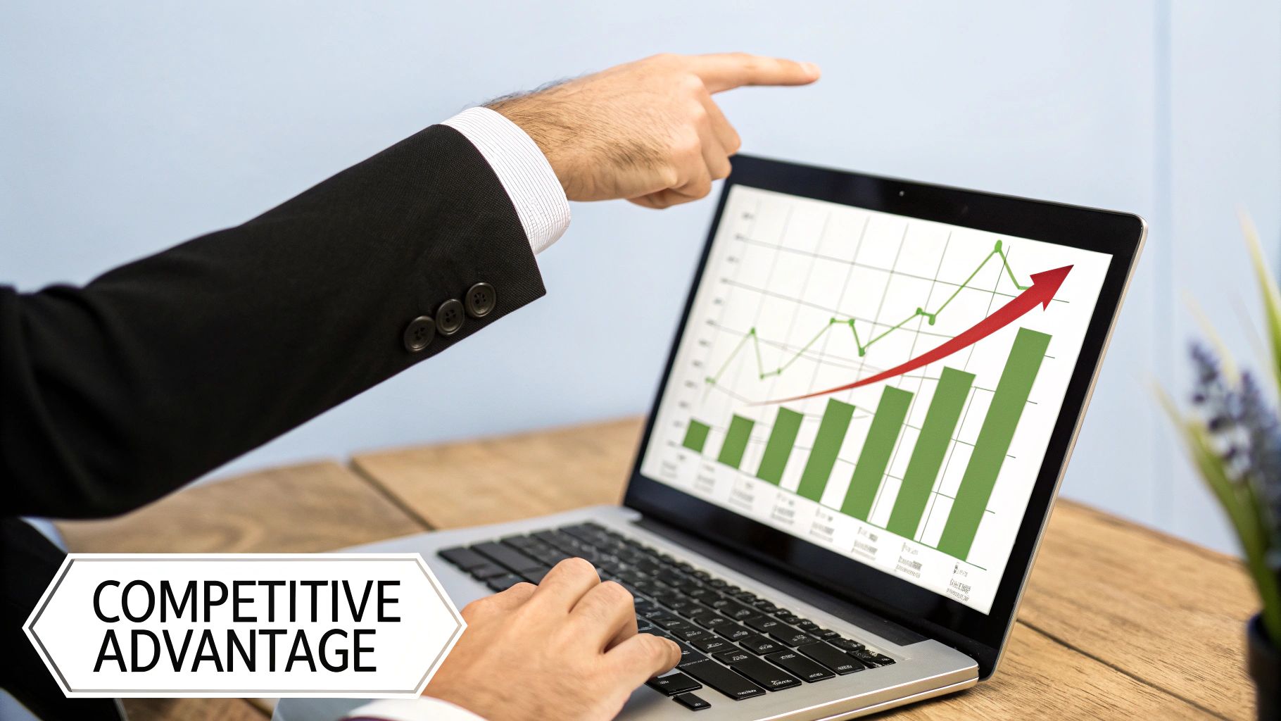 A graph showing a steep upward trend in website traffic and sales, superimposed over an image of a busy commercial kitchen.