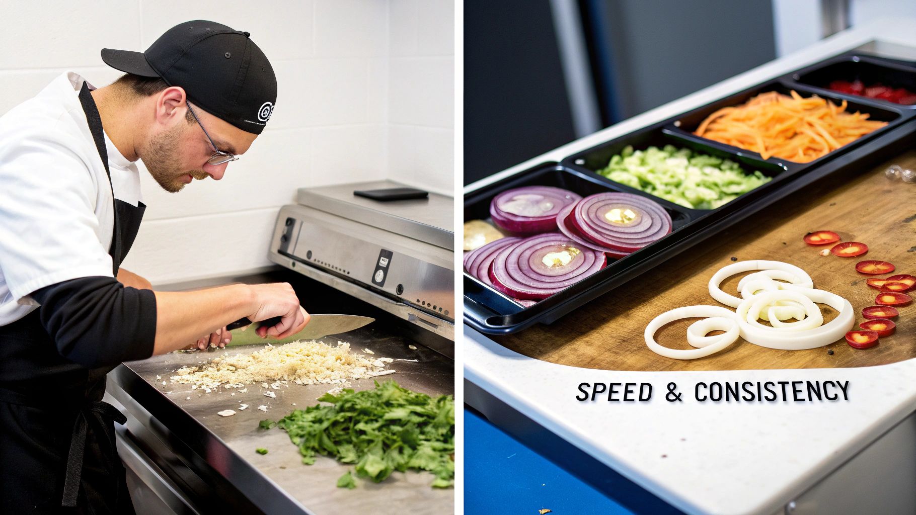 A chef slicing vegetables on a pizza prep table with a commercial vegetable slicer.
