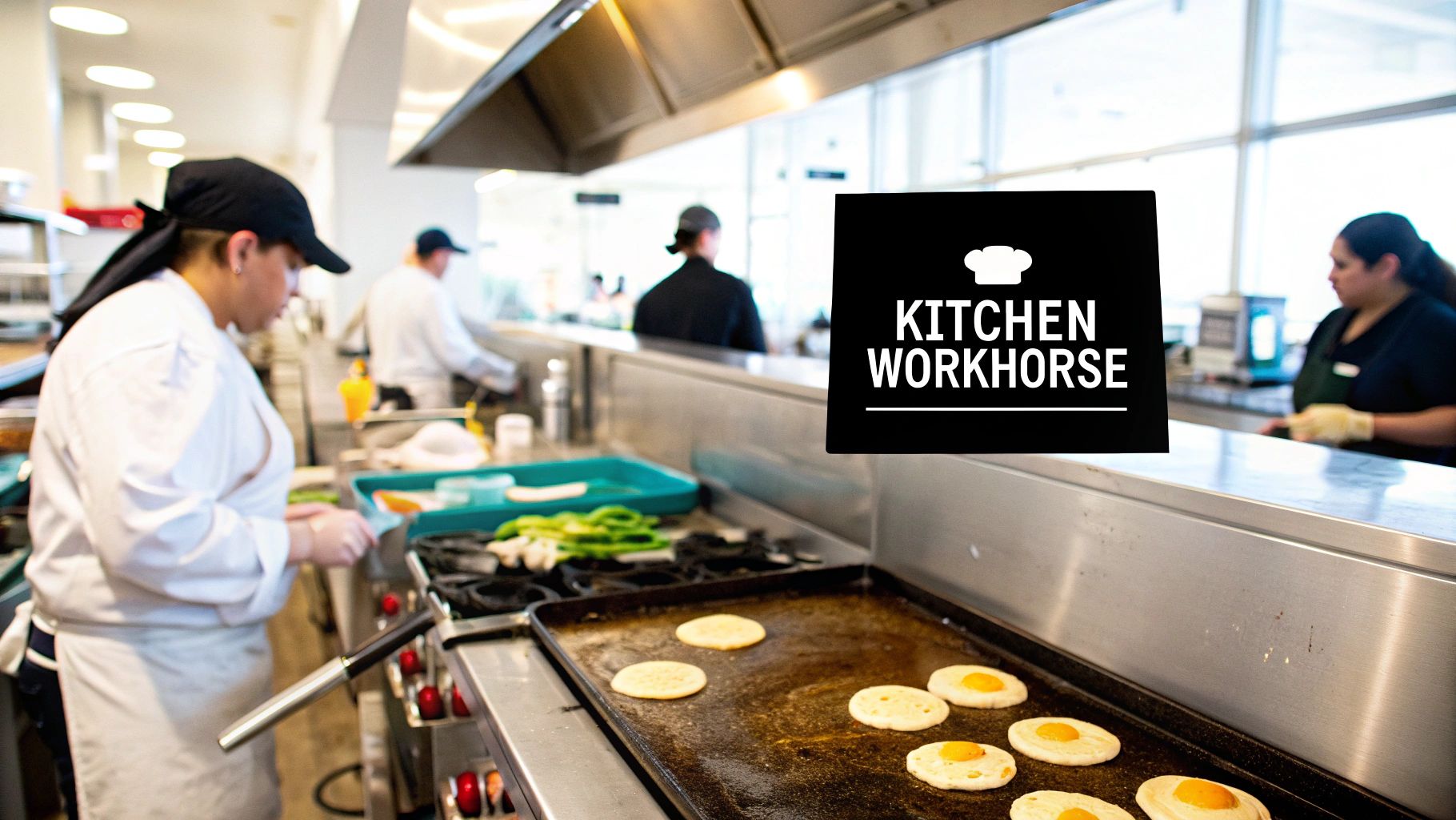 A chef cooking burgers and vegetables on a large commercial griddle in a professional kitchen